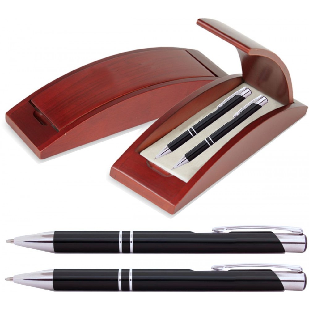 JJ Series Pen and Pencil Gift Set in Rosewood Color Wood Gift Box with Hinge Cover, Black pen Custom Imprinted