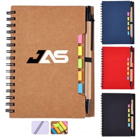 Custom Imprinted A6 Spiral-Bound Kraft Paper Notepad with Memo Tabs and Pen Set