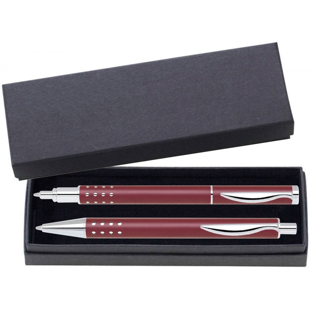 Custom Imprinted Dot Grip Pen Series - Red Pen and Roller Pen Gift Set, Silver Dots Grip, Crescent Moon Shape Clip Custom Imprinted Dot Grip Pen Series - Red Pen and Roller Pen Gift Set, Silver Dots Grip, Crescent Moon Shape Clip