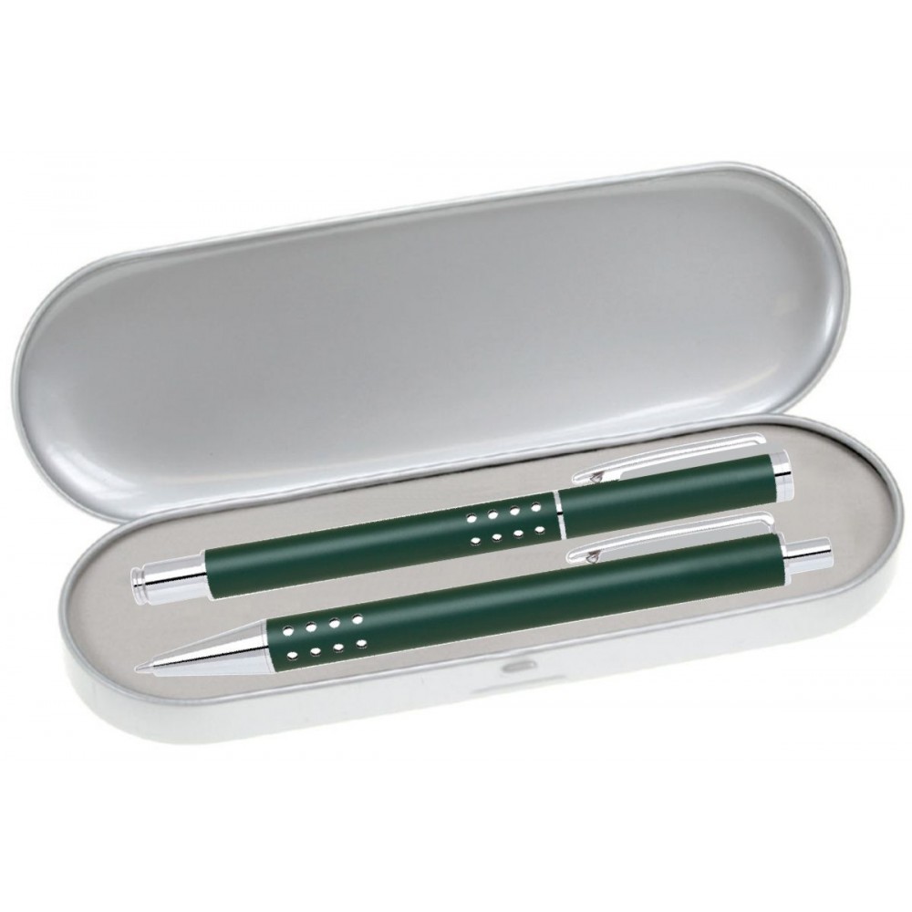 Custom Imprinted Dot Grip Pen Series - Green Pen and Roller Pen Gift Set, Silver Dots Grip, Crescent Moon Shape Clip