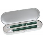 Custom Imprinted Dot Grip Pen Series - Green Pen and Roller Pen Gift Set, Silver Dots Grip, Crescent Moon Shape Clip