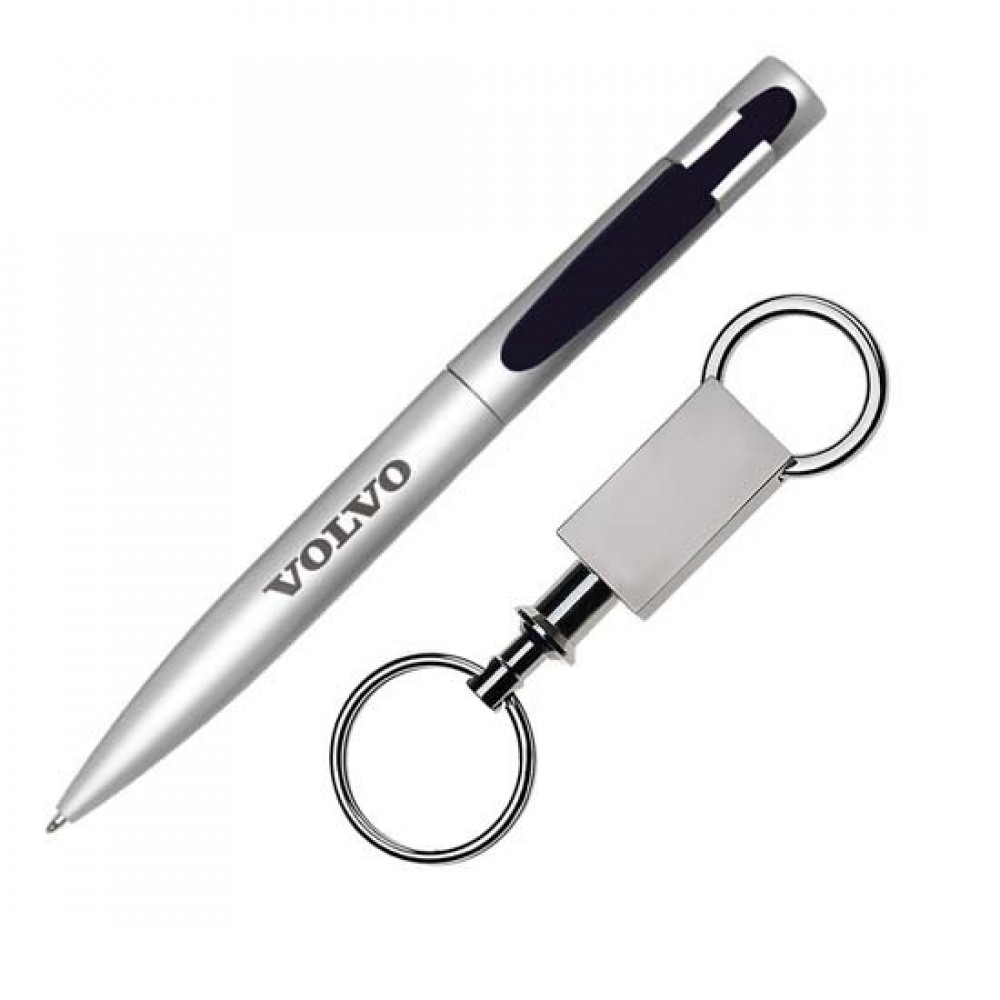 Custom Imprinted Harmony Pen/Keyring Gift Set - Silver/Black