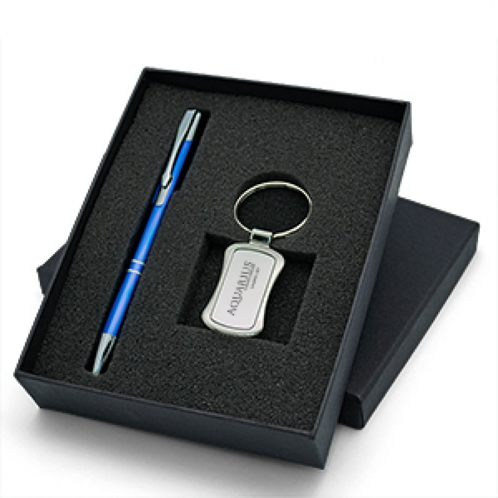 Lovely Gift Set with Polished Hourglass Shaped Keychain & Aluminum Pen Custom Imprinted