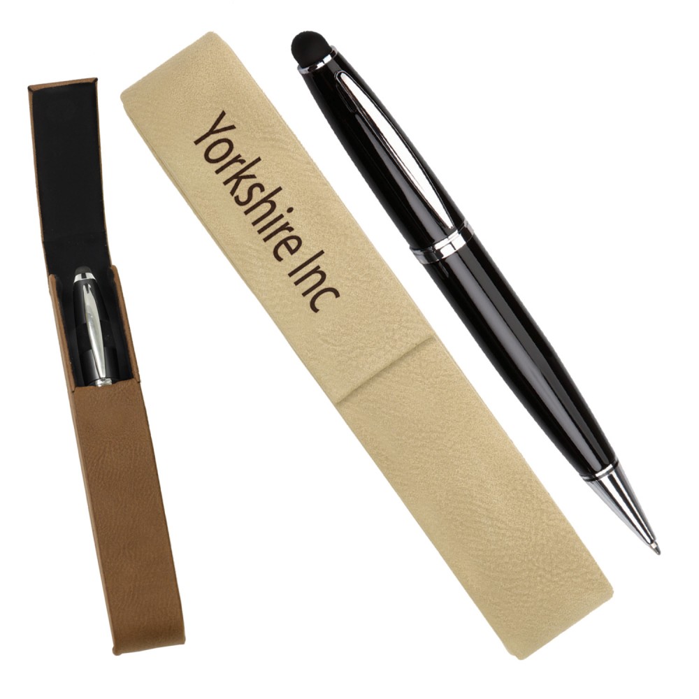 Leatherette Single Pen Case with 1 Blank Pen with Stylus - Light Brown Custom Imprinted Leatherette Single Pen Case with 1 Blank Pen with Stylus - Light Brown Custom Imprinted