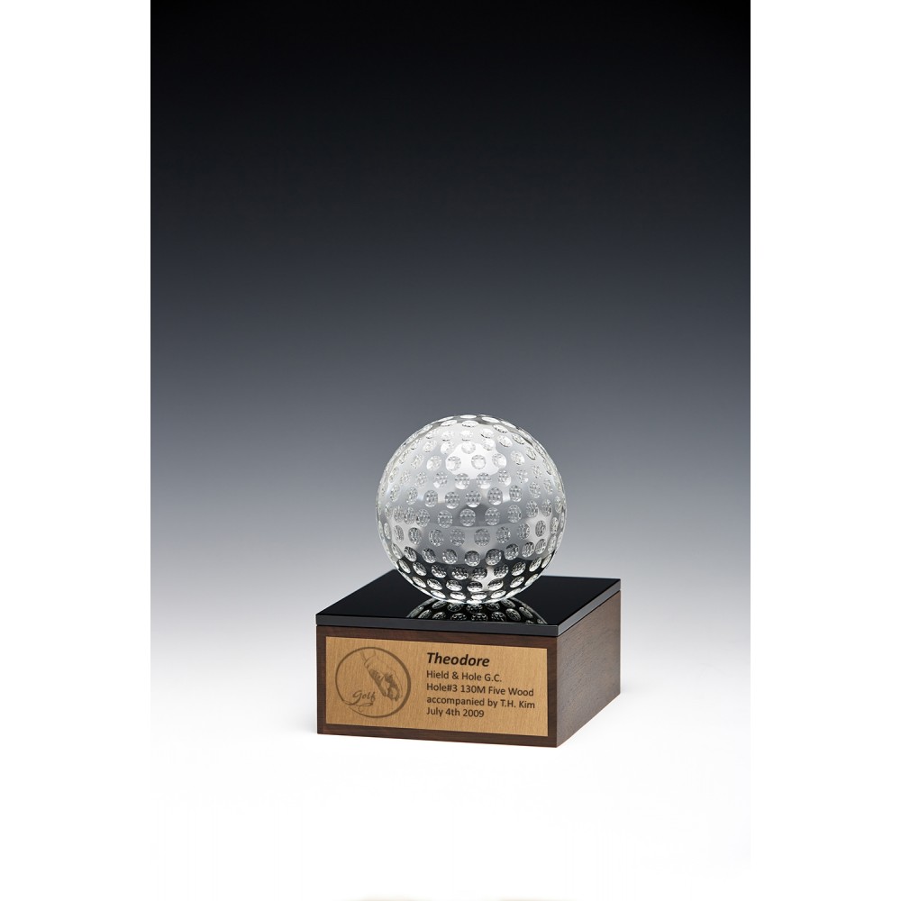 Personalized Crystal Golf Ball Award on Square Wood Base