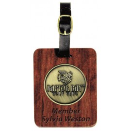 Logo Branded Rosewood Finish Rectangle Bag Tag w/ 2" Club Lorente Medallion