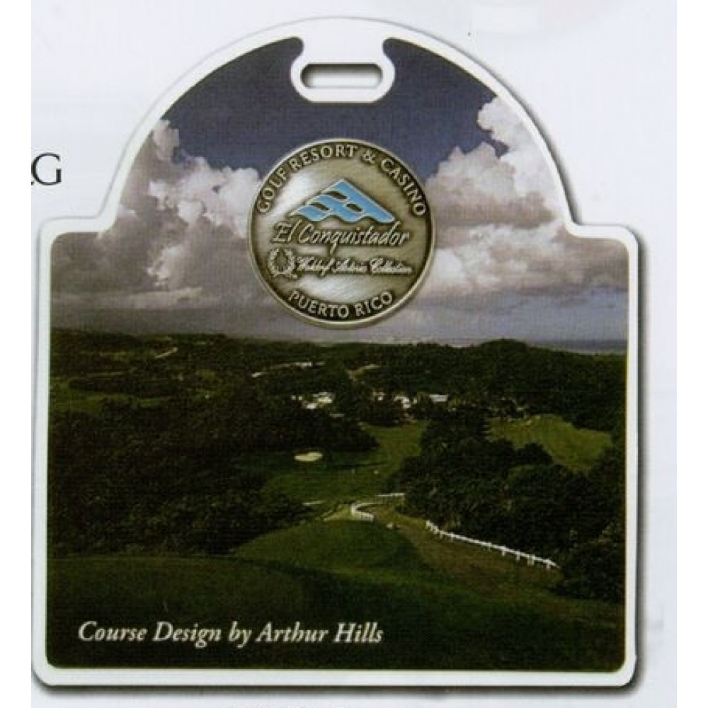 Promotional Two Sided Sunrise Printed Plastic Bag Tag w/ Medallion 3 1/4"x3 5/8"
