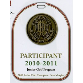 One Sided Tombstone Printed Plastic Bag Tag 3 3/4"x5" with medallion with Logo