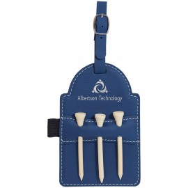 Promotional Blue/Silver LEATHERETTE - 5X3.25 INCH GOLF BAG TAG WITH 3 WOODEN TEES