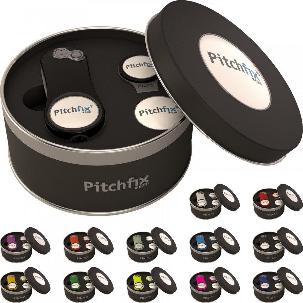Custom Branded Pitchfix Hybrid 2.0 & Deluxe Set w/Hat Clip - Tool & 1 Additional Marker and 1 Hat Clip in Round Tin Custom Branded Pitchfix Hybrid 2.0 & Deluxe Set w/Hat Clip - Tool & 1 Additional Marker and 1 Hat Clip in Round Tin