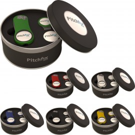 Custom Imprinted Pitchfix XL 3.0 Deluxe Set w/Hat Clip - Tool & 1 Additional Marker and 1 Hat Clip in Round Tin