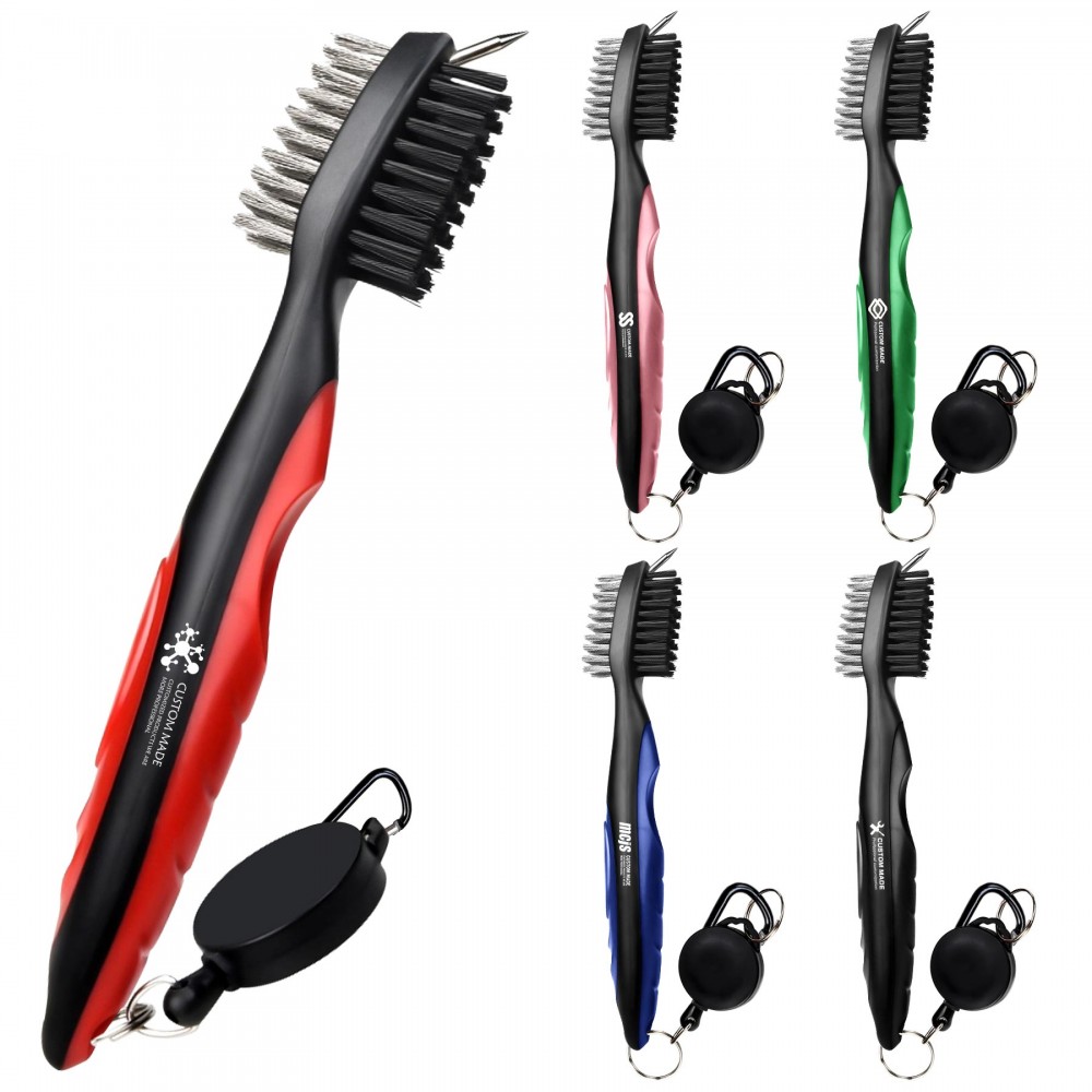 Golf Club Brush Groove Cleaner with Retractable Zip-line and Aluminum Carabiner Cleaning Tools with Logo