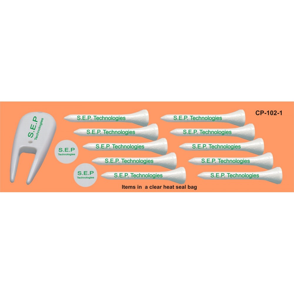 Logo Printed Golf Combo Pack - 10 Tees / 2 Ball Marker / Divot Tool (2 1/8" Tee) Logo Printed Golf Combo Pack - 10 Tees / 2 Ball Marker / Divot Tool (2 1/8" Tee)