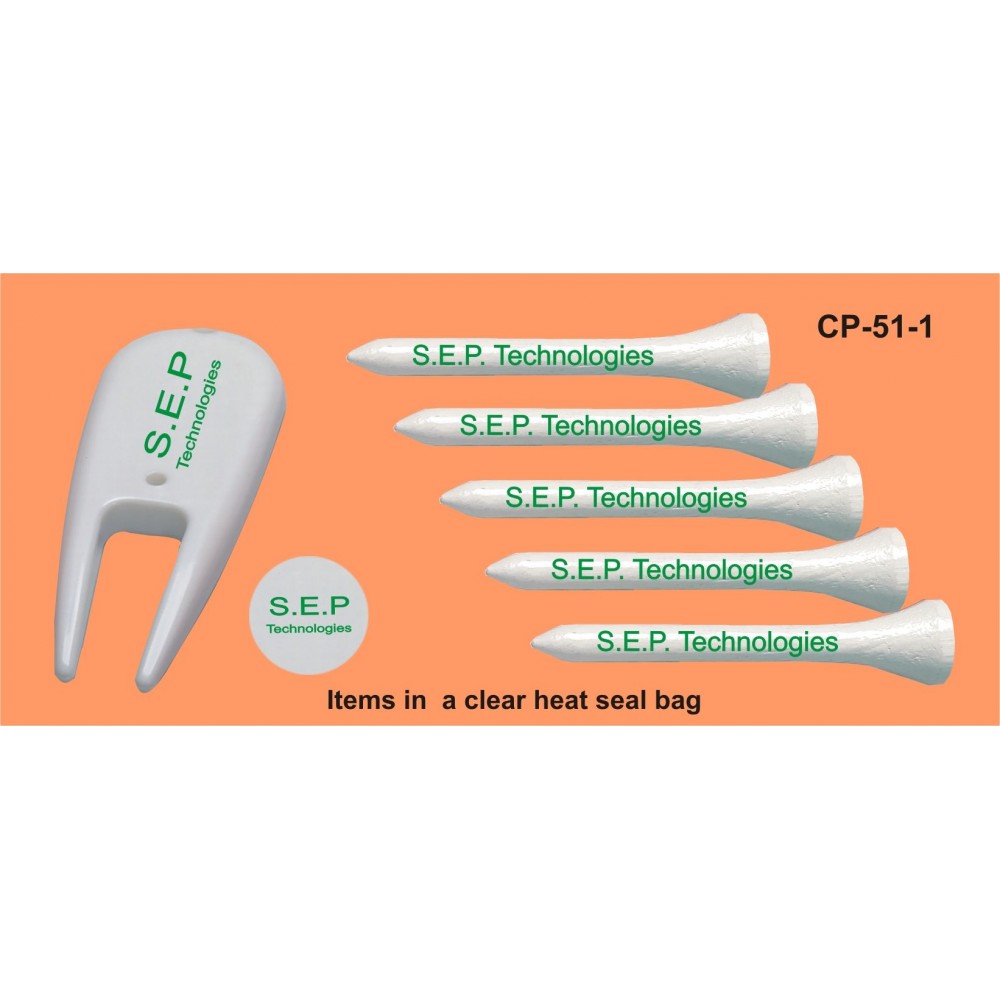 Golf Combo Pack - 5 Tees / Ball Marker / Divot Tool (2 1/8" Tee) Custom Imprinted Golf Combo Pack - 5 Tees / Ball Marker / Divot Tool (2 1/8" Tee) Custom Imprinted