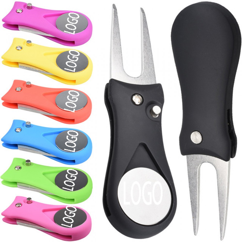 Promotional Foldable Golf Divot Repair Tool with Metal Prongs, Magnetic Ball Marker Switchblade Design