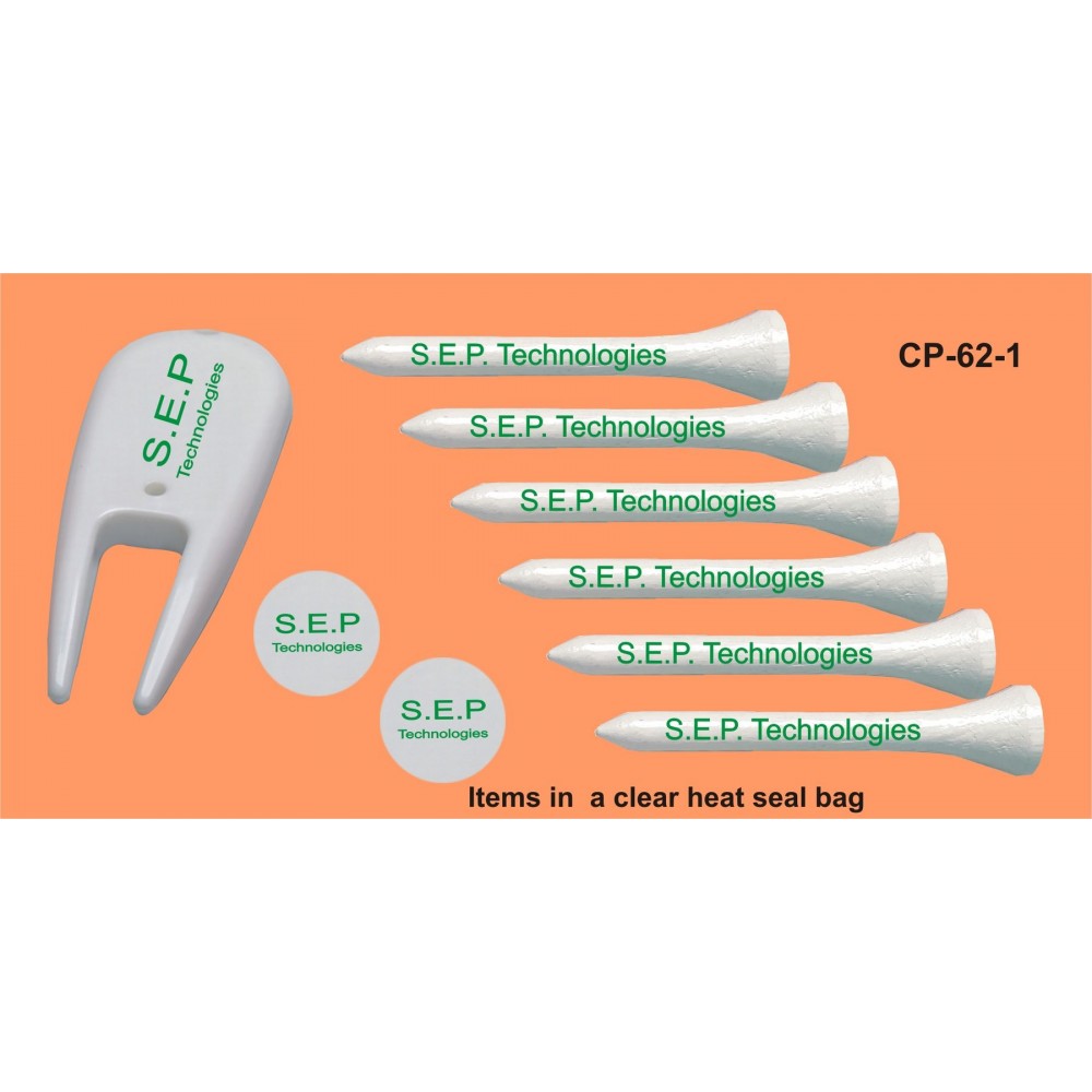 Custom Imprinted Golf Combo Pack - 6 Tees / 2 Ball Markers / Divot Tool (2 1/8" Tee) Custom Imprinted Golf Combo Pack - 6 Tees / 2 Ball Markers / Divot Tool (2 1/8" Tee)