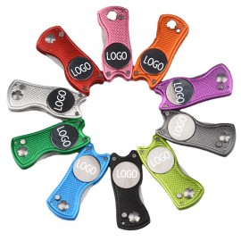 Logo Branded Metal Foldable Golf Divot Tool with Pop-up Button & Magnetic Ball Marker