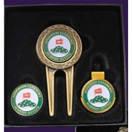Promotional Checkerboard Divot Tool Gift Set W/ Money Clip, Hat Clip & Extra Ball Marker