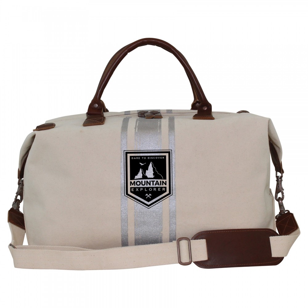 Custom Imprinted Brushed Canvas Weekender With Silver Paintstroke Stripes Custom Imprinted Brushed Canvas Weekender With Silver Paintstroke Stripes