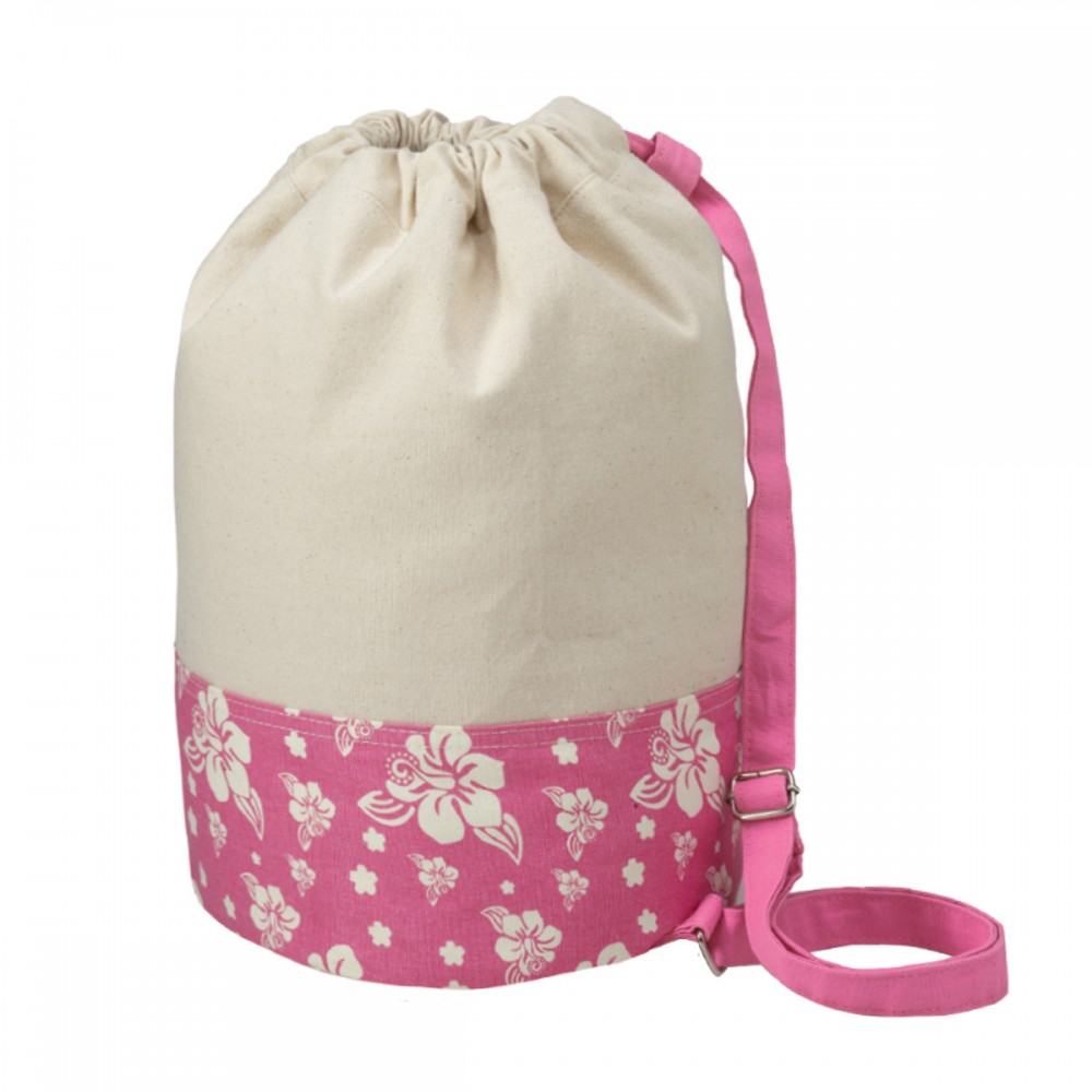 33.3L 12.0 oz Canvas Beach Duffel / Cinch Bag - Natural Body with Floral Print Trim Logo Printed