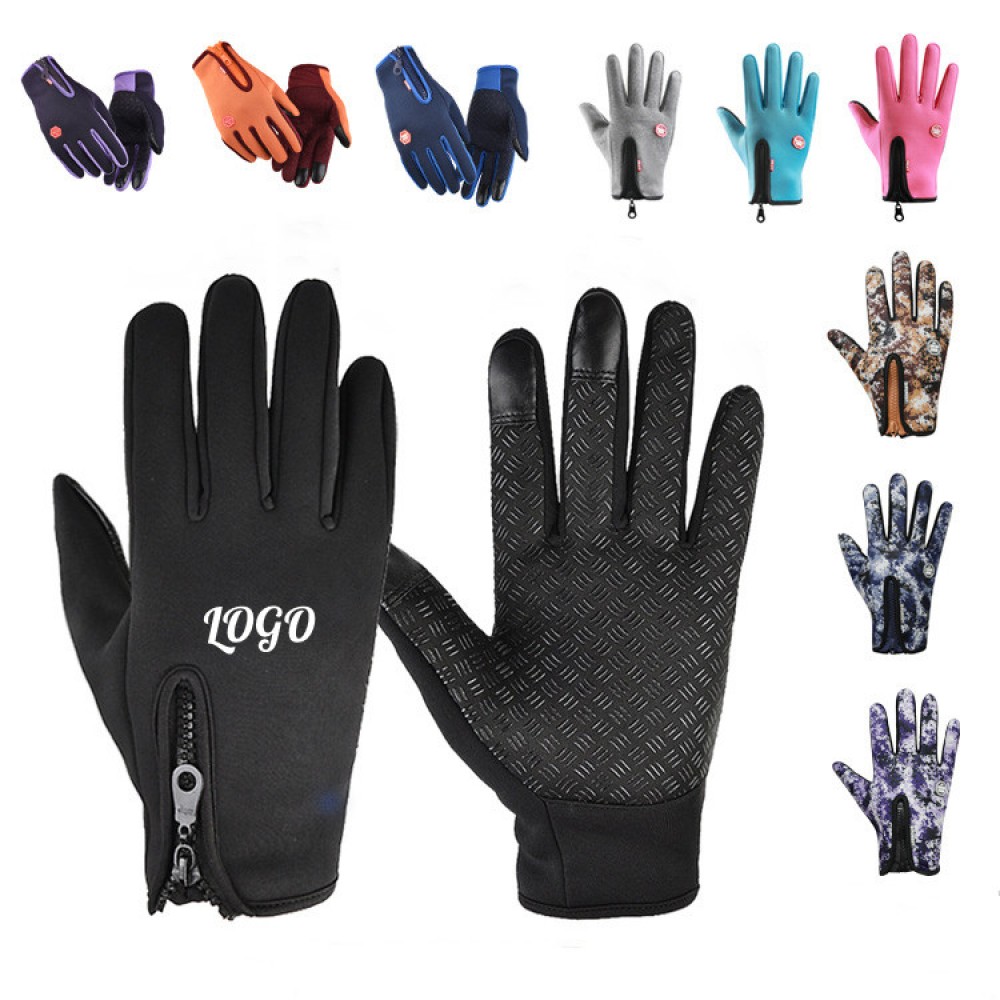 Waterproof Fleece Touchscreen Ski Gloves With Zipper with Logo