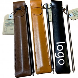 Promotional Leather Protective Case Stainless Steel Straw Holder