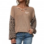 Criss Cross V Neck Leopard Sweater with Logo