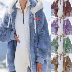 Promotional Autumn and winter loose plush zipper hooded wool coat for women