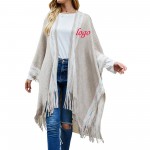 Logo Branded Knit Open Front Tassel Fall Loose Sweater Cover Up