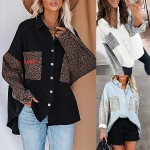 Womens Leopard Contrast Denim Jackets Oversize Long Sleeve Button Down Pockets Jean Jacket Coats with Logo