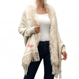 Faux Fur Collar Tassel Cape Loose Cardigan with Logo