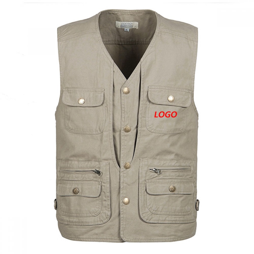 Men's Casual Outdoor Work Multi-Function Pockets Fishing Photo Journalist Cotton Vest with Logo
