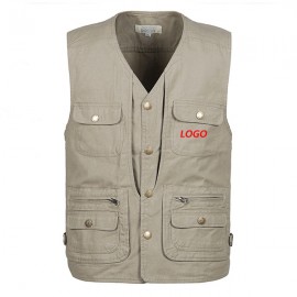 Men's Casual Outdoor Work Multi-Function Pockets Fishing Photo Journalist Cotton Vest with Logo