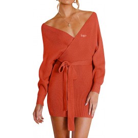 Customized Wrap V Neck Backless Bodycon Sweater Dress