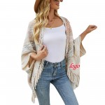 Knit Open Front Tassel Loose Cardigan with Logo