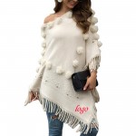 Pullover Cape Shawl with Fringes and Faux Fur Pom with Logo