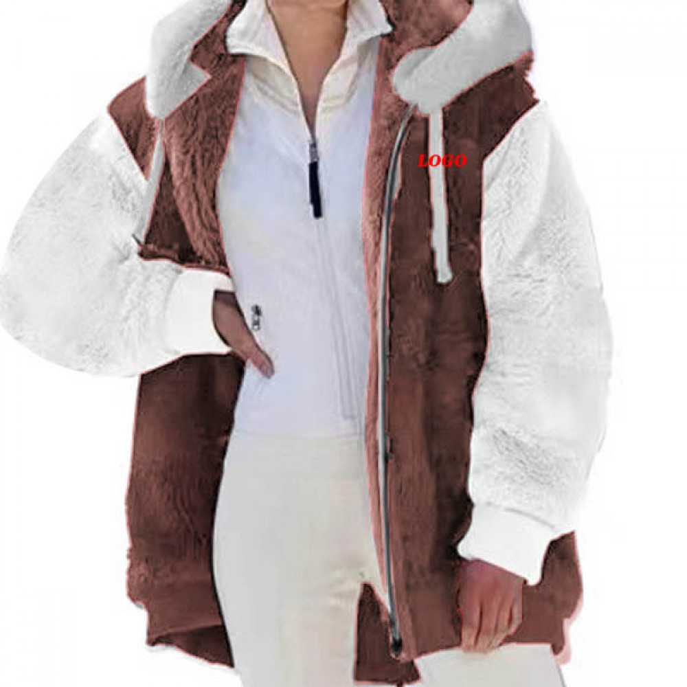 Autumn and winter loose plush zipper hooded wool coat for women with Logo Autumn and winter loose plush zipper hooded wool coat for women with Logo