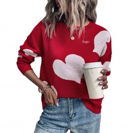Crew Neck Heart Pattern Sweater with Logo