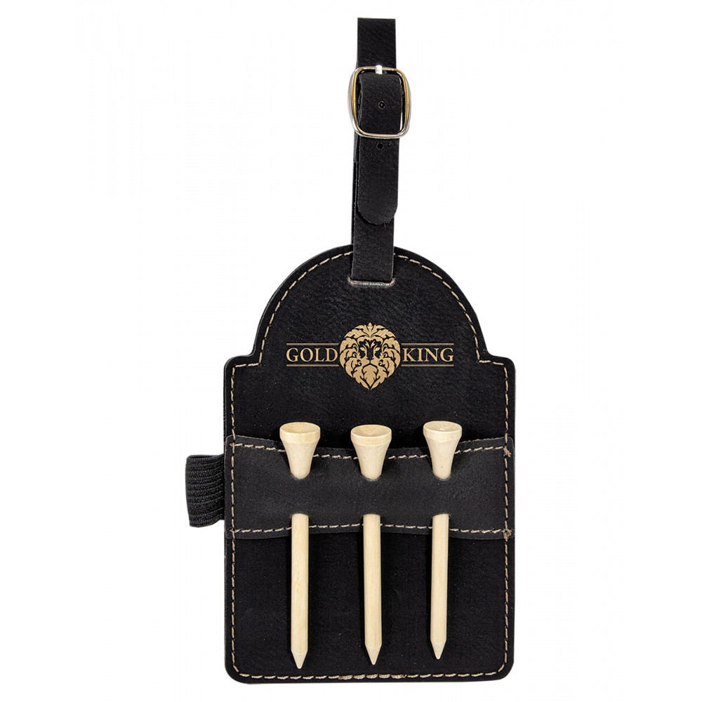 Black/Gold Golf Bag Tag with 3 Tees, Laserable Leatherette Logo Printed