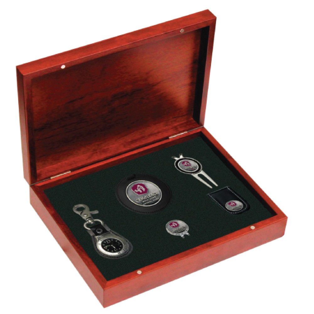 Rosewood Golf Kit with watch fob, bag tag, repair tool, hat clip, money clip Custom Branded