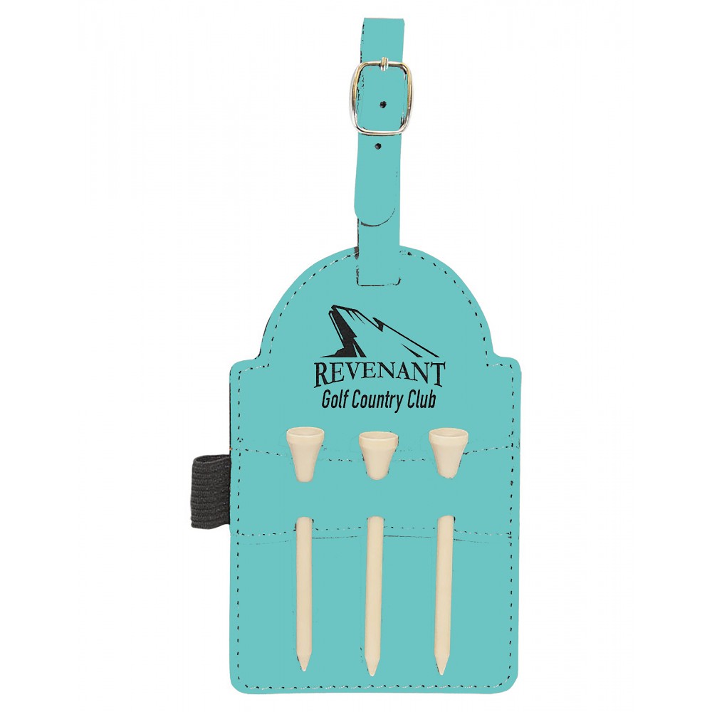 Teal Golf Bag Tag with 3 Tees, Laserable Leatherette Custom Imprinted