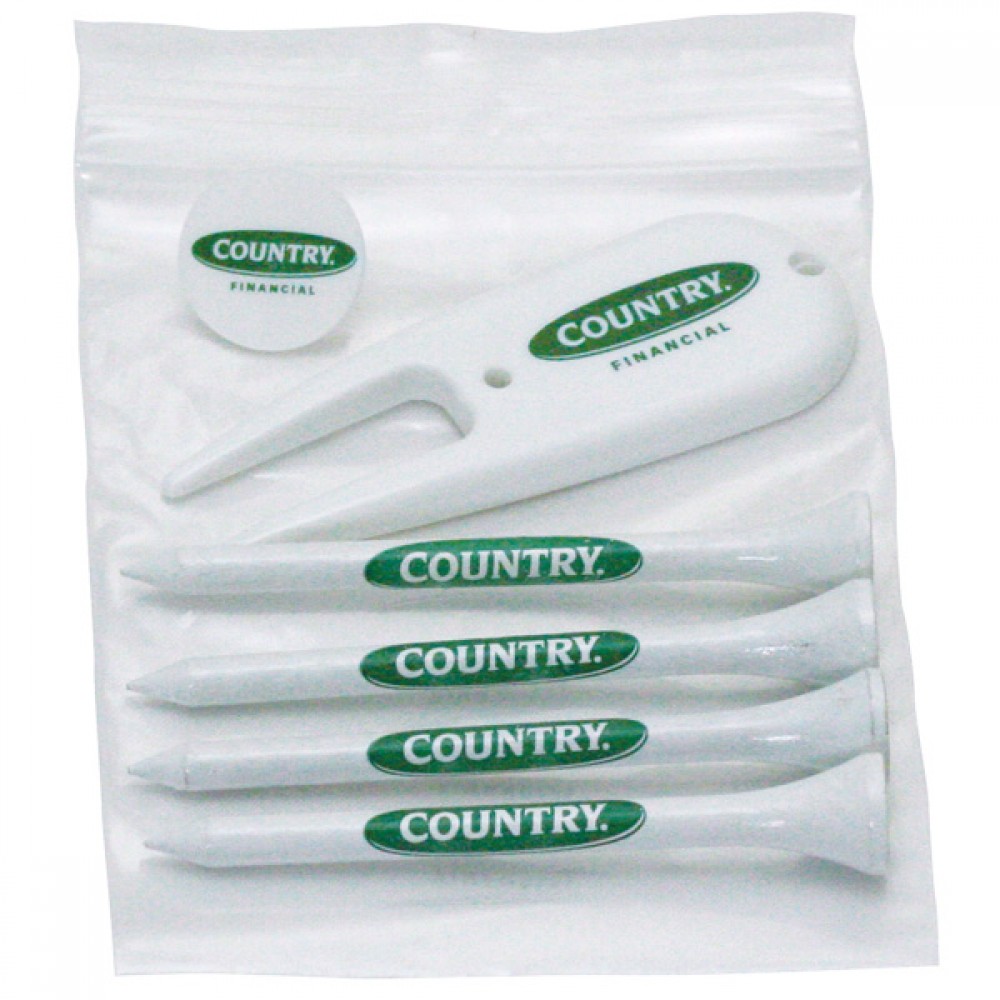Golf Tee Polybag Combo Pack with (4) 3 1/4 Inch Tees, (1) Ball Marker and (1) Divot Tool Logo Printed