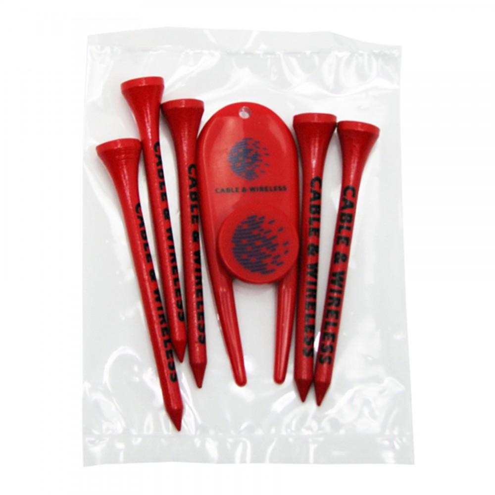 Golf Tee Poly Packet with 5 Tees, 1 Ball Marker & 1 Divot Tool Logo Printed