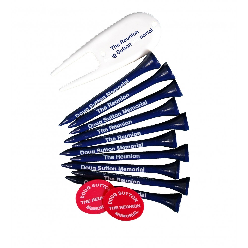 Logo Printed Combo Golf Tee Pack with Ball Marker/Divot Tool & 10 Long Tees (2-3/4")