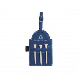 Custom Imprinted 3" x 5" Blue/Silver Leatherette Golf Bag Tag w/ 3 Wooden Tees