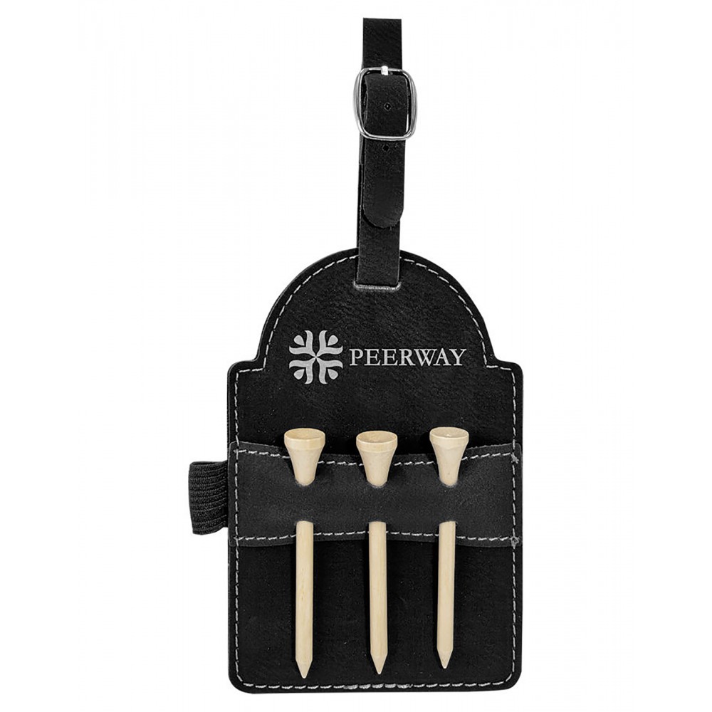 Custom Imprinted Black/Silver Golf Bag Tag with 3 Tees, Laserable Leatherette Custom Imprinted Black/Silver Golf Bag Tag with 3 Tees, Laserable Leatherette