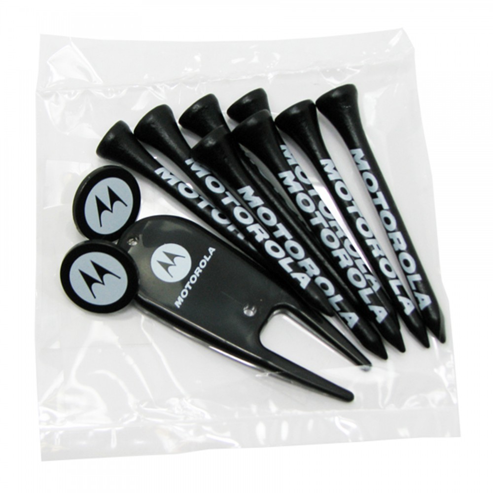 Golf Tee Poly Packet with 8 Tees, 2 Ball Markers & Divot Tool Custom Branded