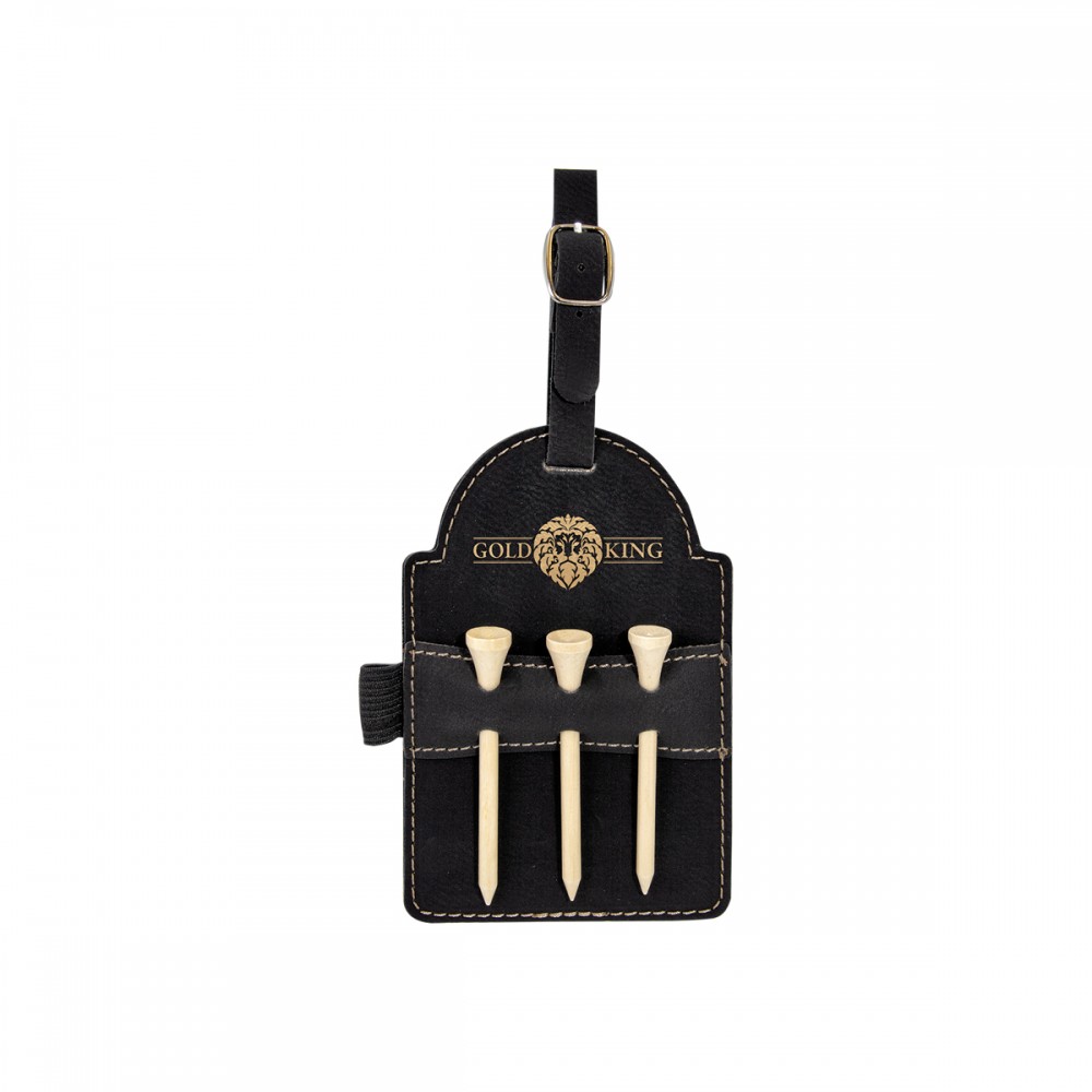 Custom Imprinted 3" x 5" Black/Gold Leatherette Golf Bag Tag w/ 3 Wooden Tees
