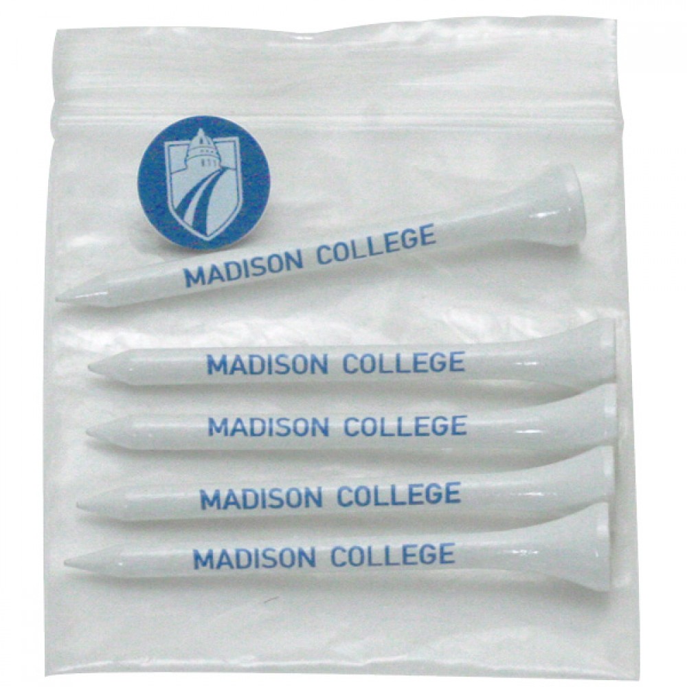 Golf Tee Polybag Combo Pack with (5) 2 3/4 Inch Tees and (1) Ball Marker Logo Printed