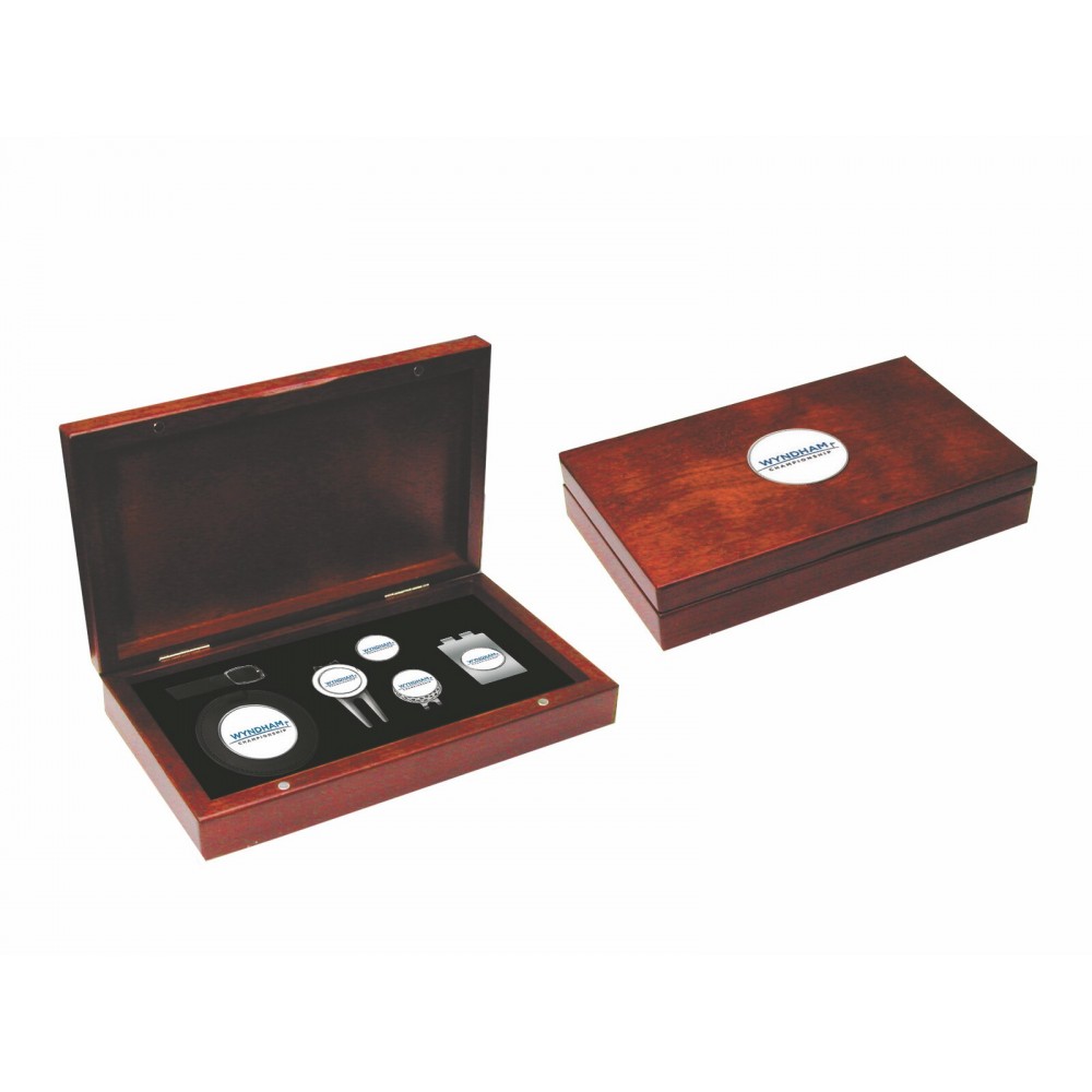 Logo Printed Rosewood Golf Kit with Bag Tag, repair tool, hat clip, money clip, ball marker